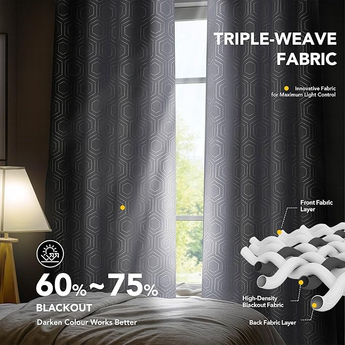 Deconovo White Curtains, Room Darkening Living Room Curtain, Thermal Insulated Soundproof Drapes, Hexagon Silver Print Pattern, 52 x 72 Inch, Grommet Panel for Bedroom Kitchen Office Nursery, Set of 2 - Image 3