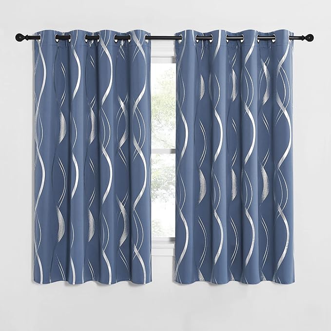 NICETOWN Bedroom Blackout Curtains Panels - Window Treatment Thermal Insulated Solid Grommet Blackout Wave Line Foil Print Design Curtains for Living Room (Stone Blue, Set of 2, 52 by 63 Inch) - Image 2