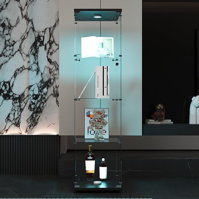 Yoluckea 4 Shelves Glass Display Cabinet with LED Light and Door, Floor Standing Clear Glass Curio Cabinet Collection for Living Room Bedroom 64.7”x16.7”x 14.3” Black(Upgrade Assembly) - Image 4