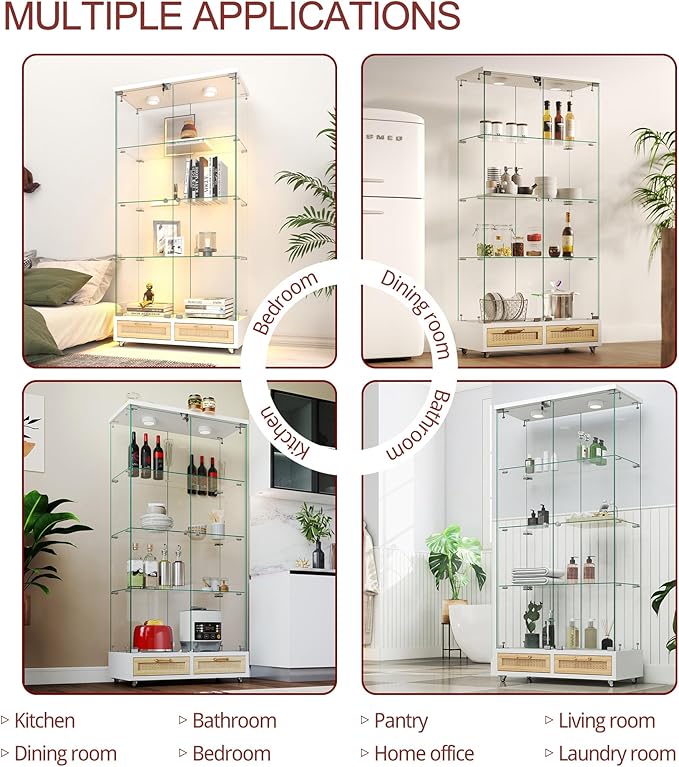 Yoluckea 4 Tier Glass Display Cabinet with LED Lighting and 2 Drawers, 2 Doors Floor Standing Curio Cabinet with Wheel for Home, Office, Corner Display, White Glass Bookshelf for Collections and Decor - Image 6