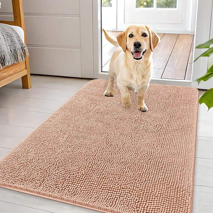 OLANLY Dog Door Mat for Muddy Paws 44x32, Absorbs Moisture and Dirt, Absorbent Non-Slip Washable Doormat, Quick Dry Chenille Mud Mat for Dogs, Entry Indoor Entryway Carpet for Inside Floor, Peach by OLANLY