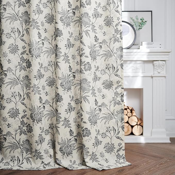 jinchan Linen Floral Curtains for Living Room with Printed Flower 63 Inches Long Light Filtering French Country Back Tab Rod Pocket Black Window Curtain Set Farmhouse Drapes 2 Panels Black - Image 3