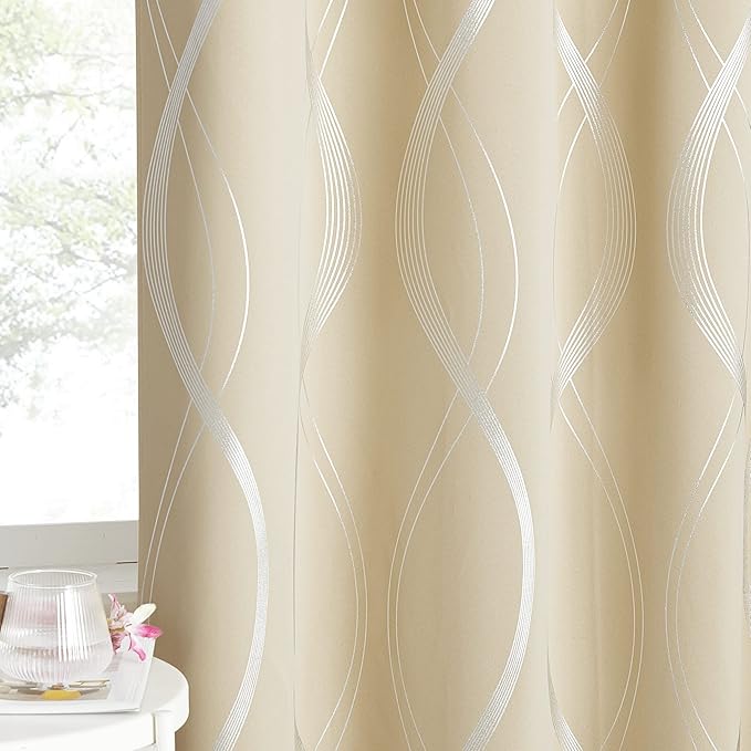 NICETOWN Blackout Curtains 90" Long 2 Panels, 52", Biscotti Beige, Foil Printed Wave Lines Energy Saving Thermal Insulated Blackout Draperies for Patio Hall Studio by NICETOWN