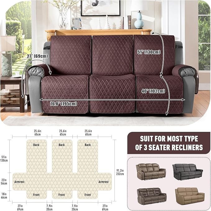 TAOCOCO 100% Waterproof Recliner Cover, Non-Slip Washable Reclining Couch Cover with Elastic Leg Straps, Furniture Protector for Dogs (Coffee, 3 Seater) - Image 3