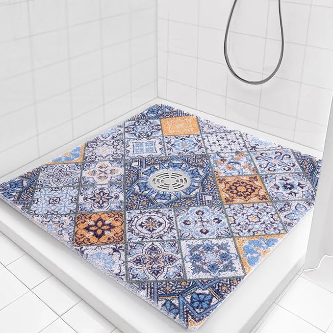 HOMBYS Square Shower Mat Non Slip 27x27 in,Shower Mat with Drain Hole in Middle,Shower Floor Mats for Inside Shower,PVC Loofah Shower Stall Mat,Secure in Shower Mat,Boho Bath Mats for Shower by HOMBYS