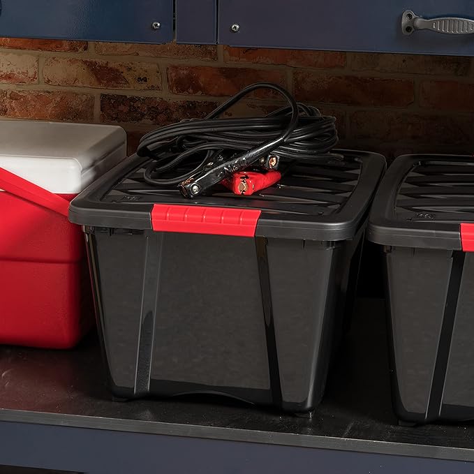 IRIS USA 32 Qt Stackable Plastic Storage Bins with Lids, 6 Pack - BPA-Free, Made in USA - Garage Organizing Solution, Latches, Durable Nestable Containers, Secure Pull Handle - Black - Image 4