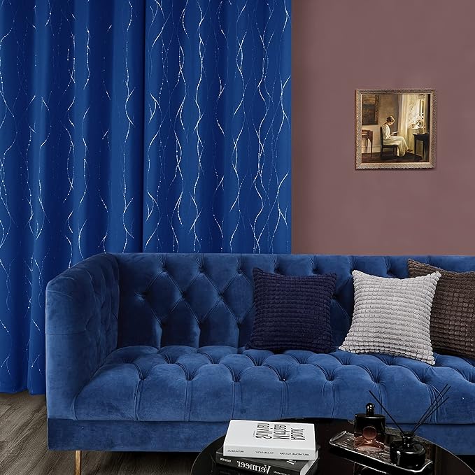 Deconovo Blackout Curtains, 38 x 36 Inch Drapes for Kitchen with Wave Dots Silver Print, Soundproof Thermal Insulated Window Curtain for Small Windows Nursery, Set of 2, Machine Washable, Royal Blue - Image 3