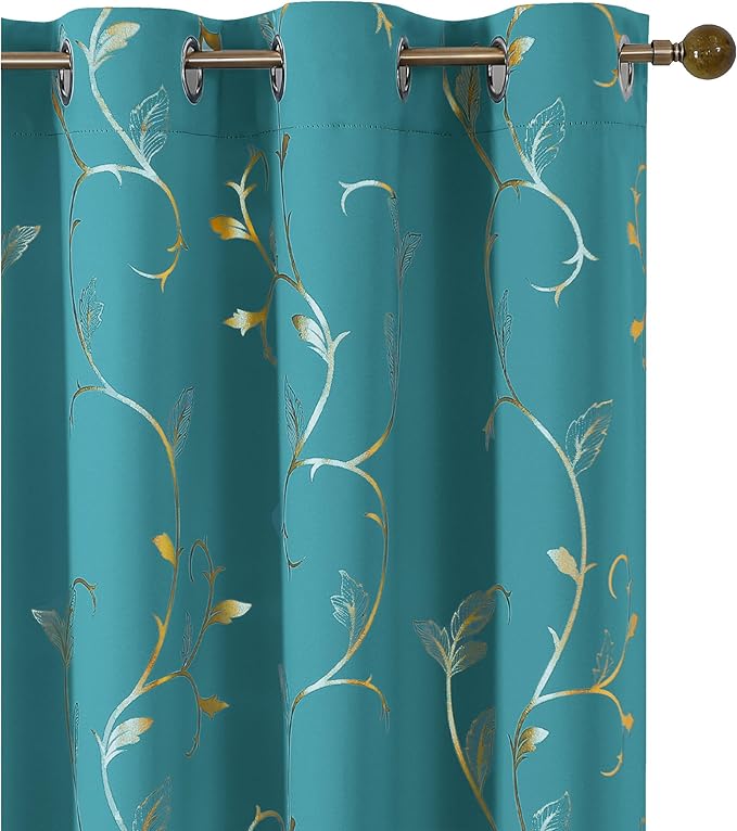 BUHUA Blackout Curtain 2 Panel Set Silver Vine Foil Print Thermal Insulated Drapes Room Darkening Curtains Grommet Window Treatment, 52 x 84 Inch, Teal Blue by BUHUA
