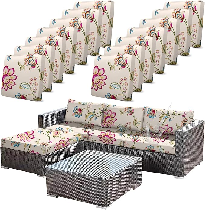 14pcs Single Seat Floral Print Outdoor Couch Cover,Waterproof Elastic Removable Half-Wrapped Sofa Seat Cushion, Suitable for Patio, Terrace, Garden Sofa Cushion by CALBODE