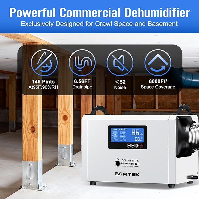 145 Pints Commercial Dehumidifier for Large Basements & Crawl Spaces up to 6500Sq.Ft, Industrial Dehumidifiers for Water Damage Restoration, Auto Defrost, Continuous Drain Hose, White-3PC - Image 7