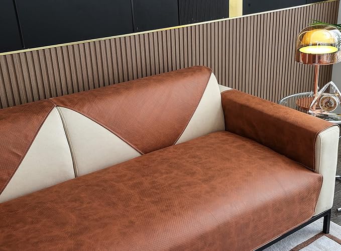 Faux Leather Waterproof Couch Sofa Cover Vintage PU Sectional Couch Cover Non Slip Sofa Slipcover Furniture Protector for Kids Dogs Cats (Brown,43"x63") - Image 6