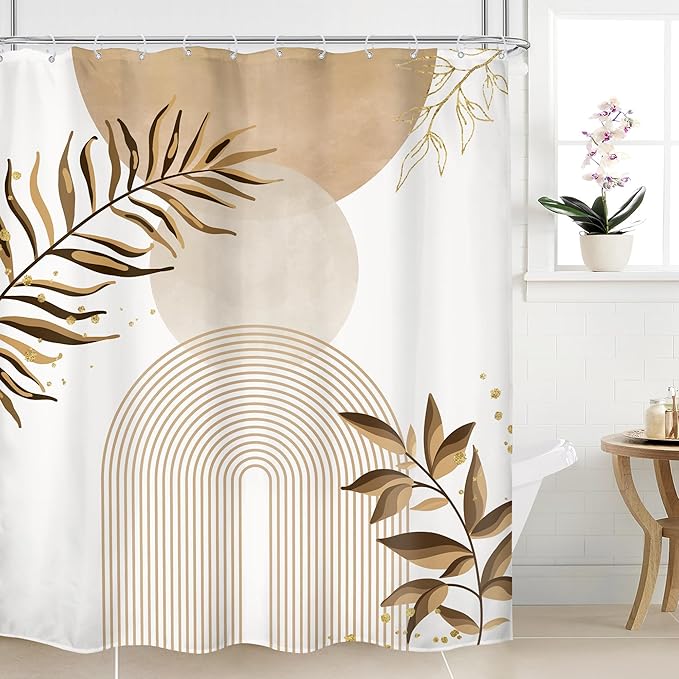 Beige Boho Shower Curtain 60Wx72H Bohemian Abstract Modern Mid Century Leaves Minimalist Contemporary Plant Cream Bathroom Decor Arch Simple Neutral Bath Curtain Fabric Polyester 12 Pack Hooks by MitpokBrand