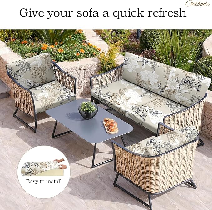 12Pcs Outdoor Stretch Cushion Covers,Waterproof Outdoor Chair Floral Cushion Covers for Patio Furniture, Washable Beige Couch Covers Replacement for Patio Furniture - Image 5