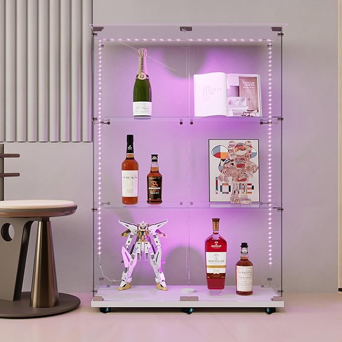 Yoluckea 3 Tiers Glass Display Cabinet with Bluetooth LED Light Strip, 2 Doors Floor Standing Curio Cabinet with Universal Wheel for Home, White Glass Bookshelf for Collections, Clear Top - Image 5