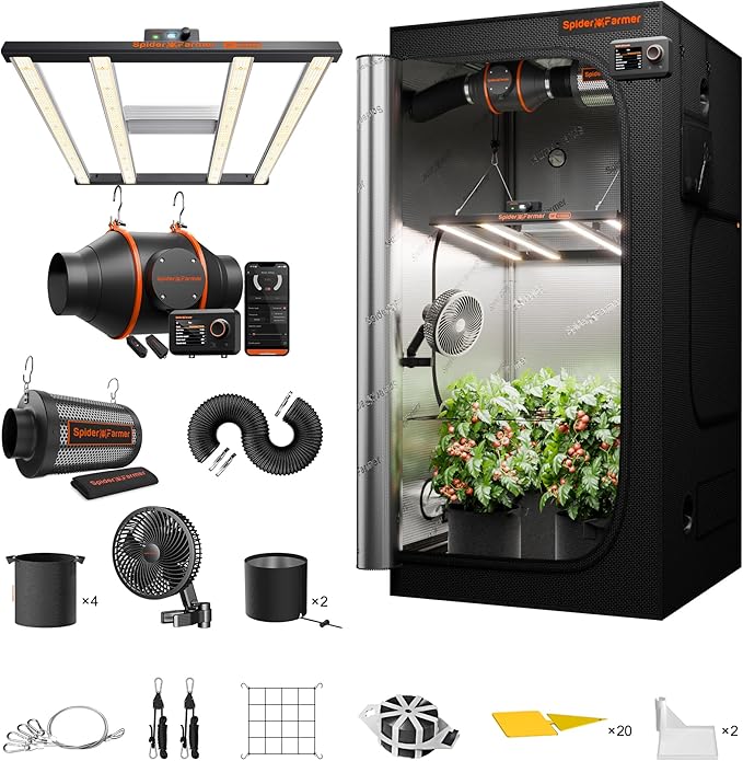 Spider Farmer G3000 Grow Tent Kit Complete 3x3x6ft, 300W Dimmable Bar Style LED Grow Lights 36"x36"x70" Tent Kit 4" Ventilation System with GGS Controller by SpiderFarmer
