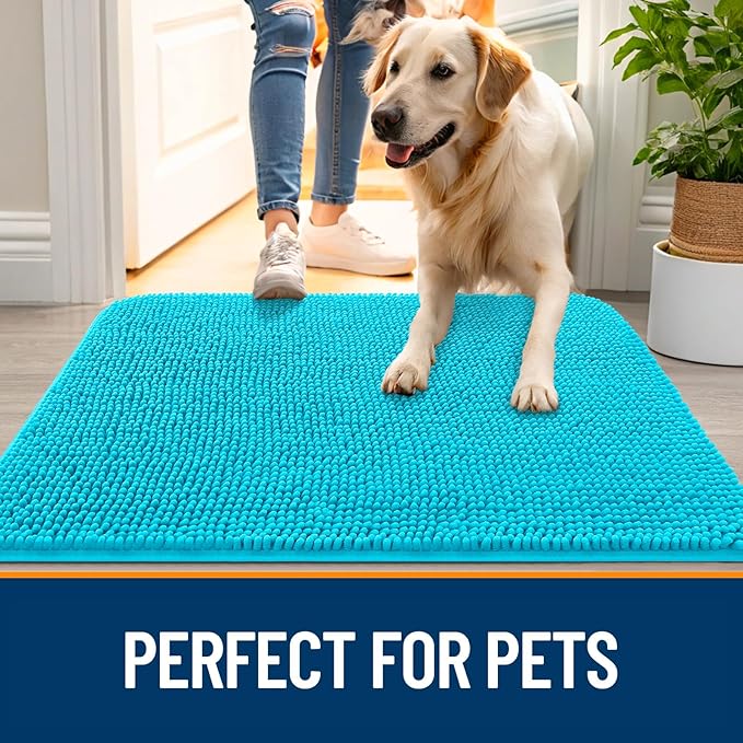 OLANLY Dog Door Mat for Muddy Paws 34x21, Absorbs Moisture and Dirt, Absorbent Non-Slip Washable Doormat, Quick Dry Chenille Mud Mat for Dogs, Entry Indoor Entryway Carpet for Inside Floor, Aqua Blue - Image 6