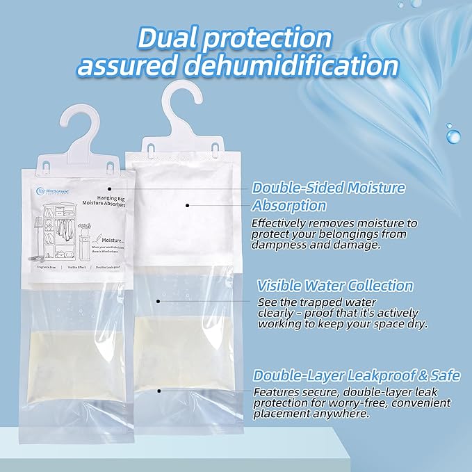 Moisture Absorber Hanging Bags 12 Pack - 7 oz Fragrance-Free Dehumidifier for Closet, Bathroom, Bedroom – Double Leak-Proof Design & Dual-Sided Absorption - Image 3