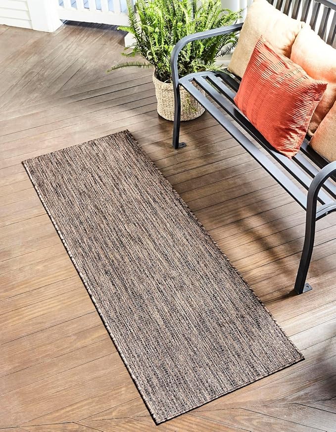Unique Loom Outdoor Solid Collection Area Rug (2' x 8' Runner Light Brown/Ivory) by UniqueLoom