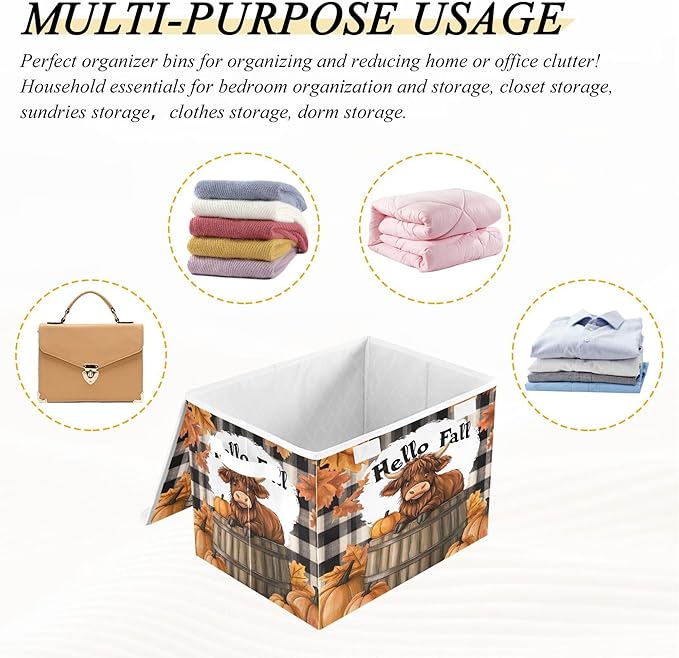 xigua Highland Cows Storage Bins with Lids and Carrying Handle,Foldable Storage Boxes Organizer Containers Baskets Cube with Cover for Home Bedroom Closet Office - Image 7