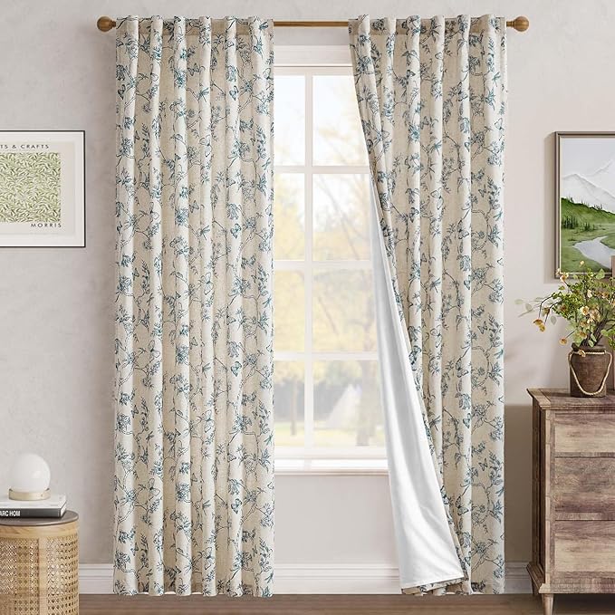 jinchan Floral Curtains Lined Linen Blend Curtain for Living Room 84 Inch Length Blue Flower Patterned Curtain French Country Farmhouse Curtains Drapes Back Tab Rod Pocket 2 Panels - Image 7