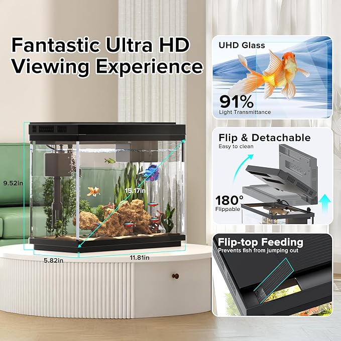 Fish Tank 2.4 Gallon Aquarium with Heater, 3-in-1 Silent Pump with Filteration & Oxygenation & Circulation, 7-Color Timer Cycle Light, Temperature Display, Humidifier, HD Glass Fish Bowl - Image 5