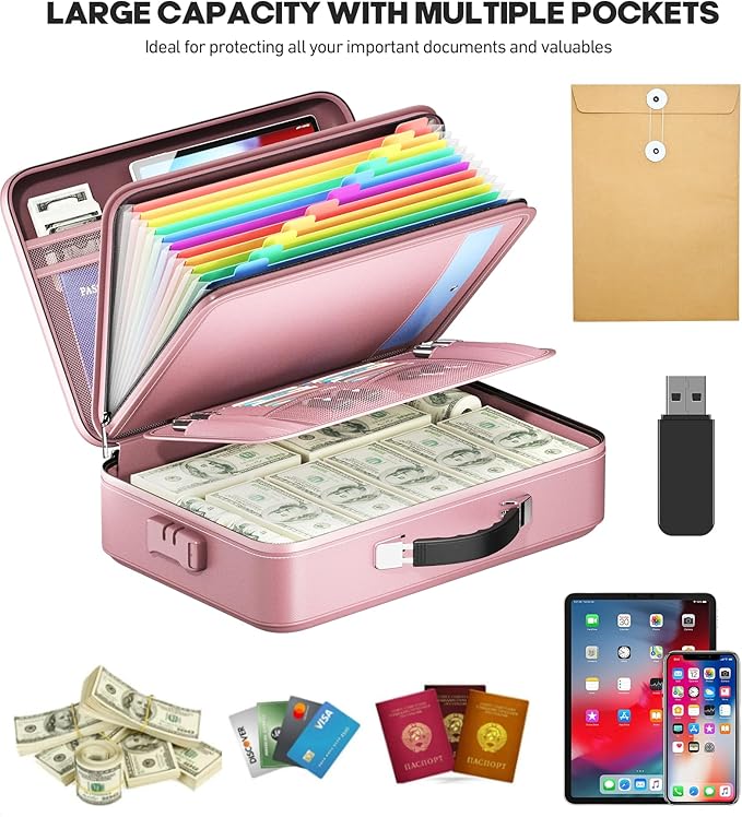 Fireproof Document Box, Hard Case Highly Flame-Resistant Fire Proof Waterproof File Organizer with Lock, Portable Fire Safe for Important Documents & Valuables Storage (Pink, ‎16"*12"*5") - Image 4