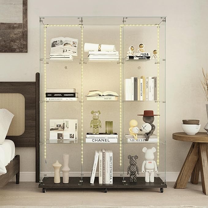 Yoluckea 4-Tier Glass Display Cabinet Extra Large with Bluetooth LED Light Strip, 2-Door Floor Standing Curio Cabinet with Universal Wheel for Home, Black Glass Bookshelf for Collections, Clear Top by Yoluckea