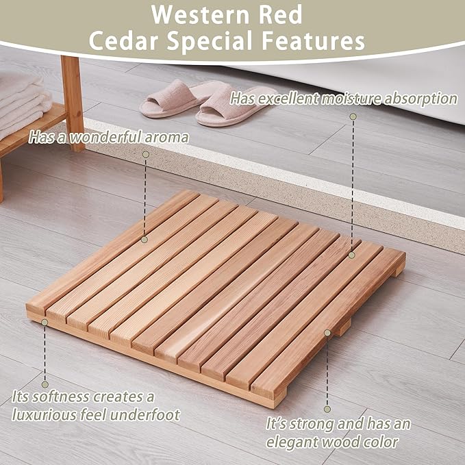 bingaai Cedar Wood Bath Mat 21"×21" Square, Cedar Wooden Bath Mats, Wood Shower Stall Mat Non-Slip for Bathroom Bathtub Spa Sauna Garden Home, Wooden Floor Mat Small for Indoor and Outdoor - Image 2
