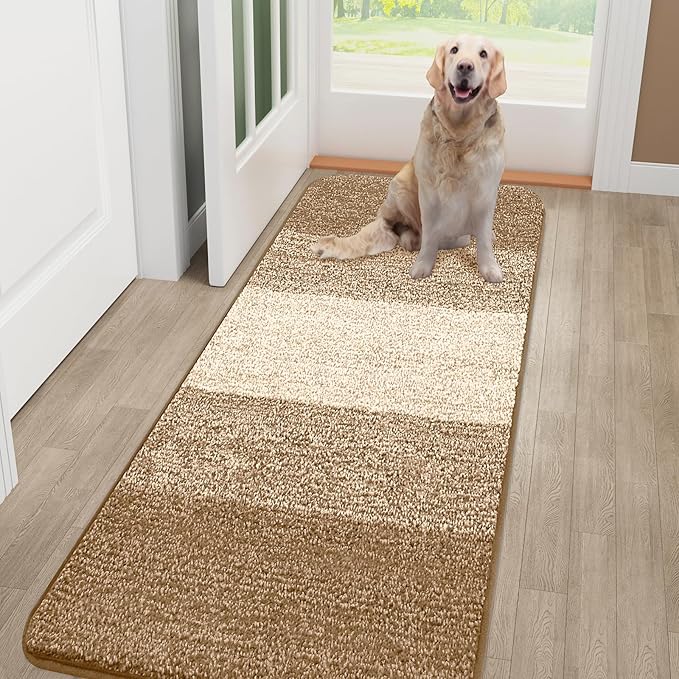 Smiry Dog Door Mat for Muddy Paws, Absorbs Moisture and Dirt, Low-Profile Entryway Mat with Non-Slip Backing, Entry Indoor Outdoor Doormat for Inside Floor (48x30 Inches, Camel, Striped) by Smiry