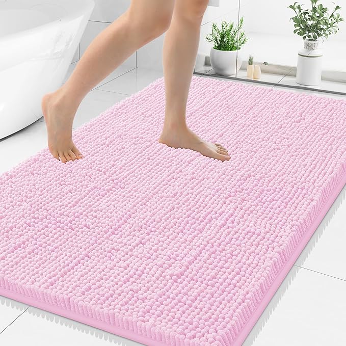 Smiry Luxury Chenille Bathroom Rugs 40x32, Extra Soft and Absorbent Shaggy Bath Mat, Machine Washable, Non-Slip Plush Carpet Runner for Tub, Shower, and Floor, Home Decor Accessories, Pink by Smiry