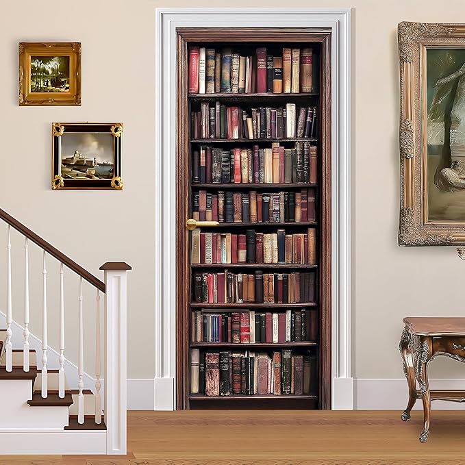 3D Door Stickers, Peel and Stick Vinyl Wallpaper ，Self-Adhesive Mural for Home Decor 30.3" W x 78.7" H (Bookshelf New, 30.3" W x 78.7" H) by BVBOX