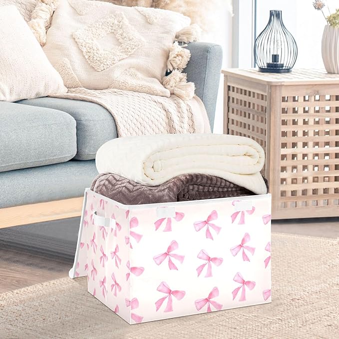 xigua Pink Bow Storage Bins with Lids and Carrying Handle,Foldable Storage Boxes Organizer Containers Baskets Cube with Cover for Home Bedroom Closet Office - Image 5