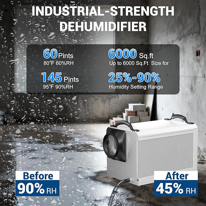 SILVEL 145 Pint Dehumidifier with Drain Hose, Commercial Compact Dehumidifier for Crawl Spaces, Basements, Industry Water Damage Unit, Large Capacity, Portable, Up to 6000 Sq.Ft, White - Image 2