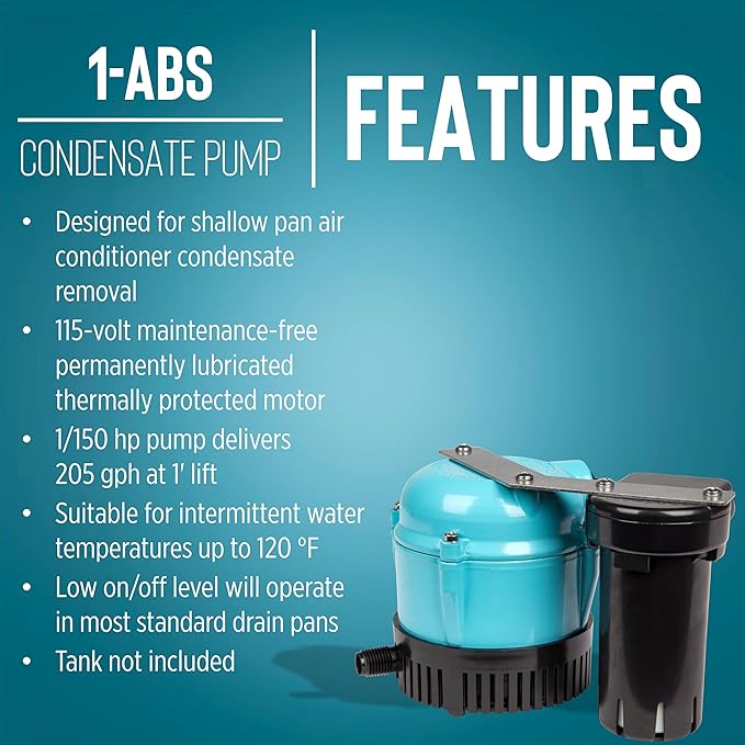Little Giant 1-ABS 115-volt, 1/150 HP, 205 GPH Automatic Shallow Pan Condensate Removal Pump for Ceiling Mounted Air Conditioners or Dehumidifiers, Black/Blue, 550521 - Image 5