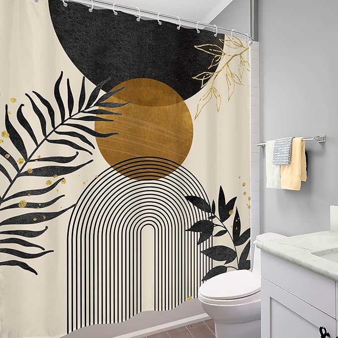 Black Boho Shower Curtain 60Wx72H Modern Bohemian Abstract Brown Tan Mid Century Gold Leaves Plant Botanical Arch Bathroom Decor Minimalist Geometric Bath Curtain Fabric Polyester 12 Pack Hooks - Image 4