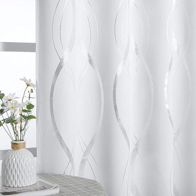 NICETOWN Greyish White Room Darkening Curtain Panels - Wave Line Printed Window Treatment Thermal Insulated Grommet Top Drapes for Bedroom (2 Panels, 42 by 63) by NICETOWN