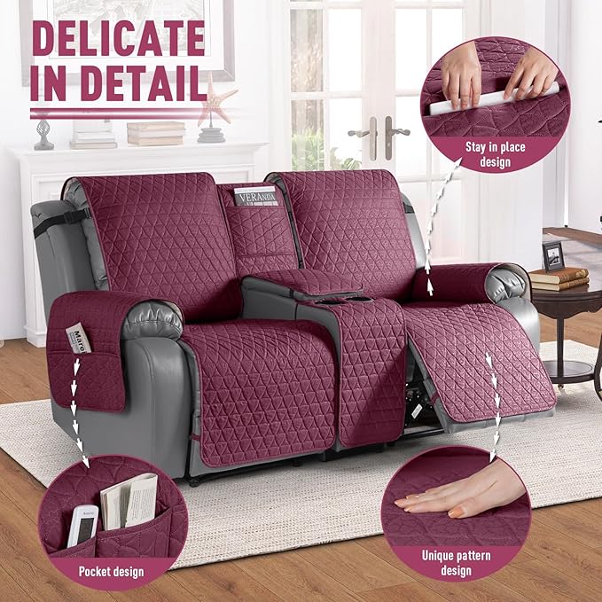 TAOCOCO 100% Waterproof Loveseat Recliner Cover with Console, Non-Slip Washable Reclining Couch Cover for 2 Seats, Furniture Protector for Dogs, Wine - Image 6