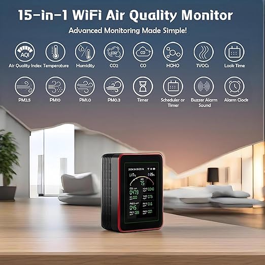 Smart Air Quality Monitor Indoor: WiFi Air Quality Tester, 15-in-1 Air Quality Meter with PM, CO2, TVOC, HCHO, AQI, Temperature and Humidity Sensor, App Remote Control, for Office Home - Image 2