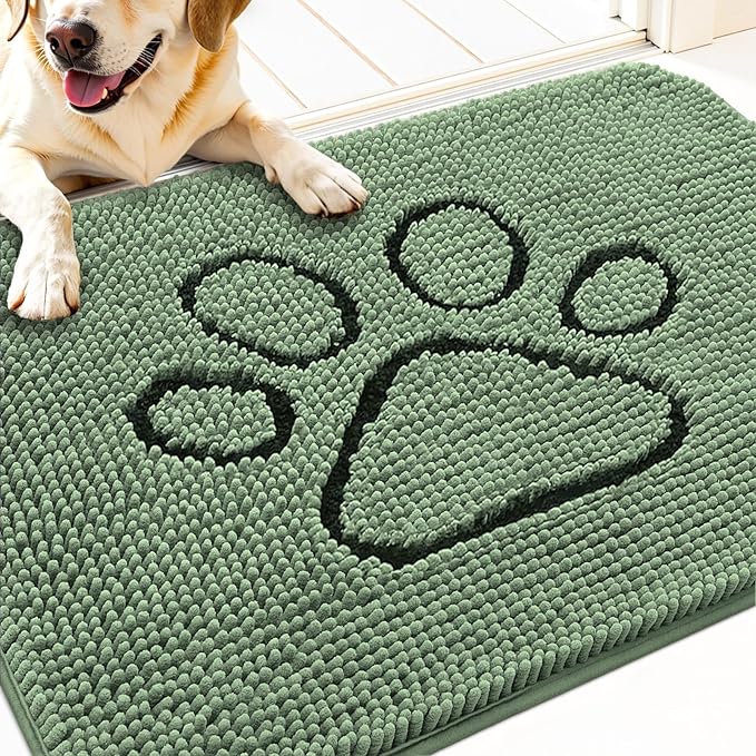 OLANLY Dog Door Mat for Muddy Paws 30x20, Paw Print Design, Absorbs Moisture and Dirt, Absorbent Non-Slip Washable Doormat, Quick Dry Chenille Mud Mat, Entry Indoor Entryway Carpet, Olive Green by OLANLY
