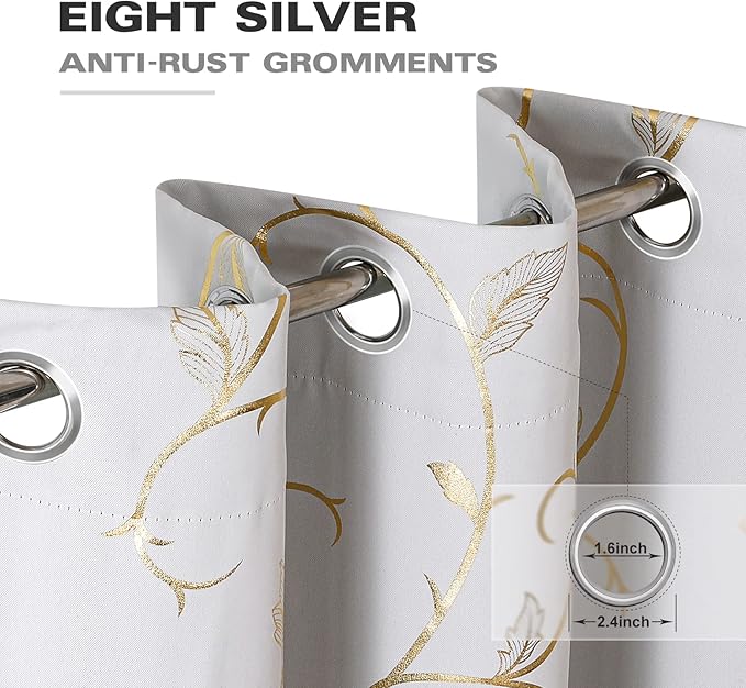 BUHUA Blackout Curtains Gold Foil Print Flower Vine Grommet Drapes, Room Darkening Thermal Insulated Curtains, Noise Reducing Curtain for Bedroom, Greyish White, 66Wx63L, 2 Panels - Image 3