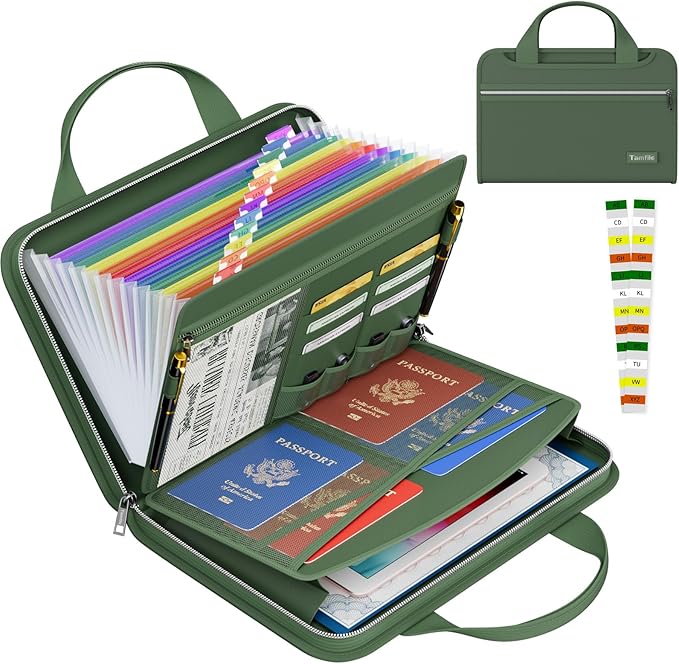 Tamfile Fireproof Accordion File Organizer with Handle, 13 Pocket Colorful Expanding File Folder with Zipper & Labels, File Folder with Multi-Pockets Paper Organizer Folder for Letter A4 Files (Green) by Tamfile