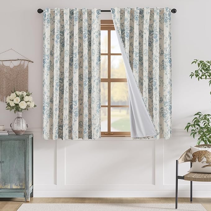 jinchan Blackout Linen Blend Curtain Floral Blackout Curtains for Living Room 63 Inch Length Blue Printed with Lined Blackout Curtain for Bedroom Farmhouse Curtains Set 2 Panels by JINCHAN