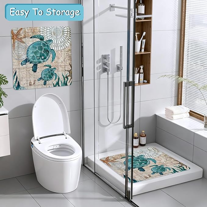 Sea Turtle Square Anti Slip Shower Mats for Inside Shower Accessories, Cute Bath Mats for Bathroom Non Slip Shower Floor Mat Decor Rubber Bathmat With Suction and Drain Holes Machine Washable, 21″X21″ - Image 6