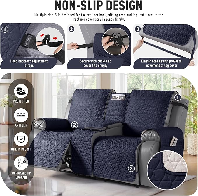 TAOCOCO 100% Waterproof Loveseat Recliner Couch Sofa Covers with Console,Double Reclining Couch Cover Non-Slip Sofa Slipcovers Washable,Furniture Protector Covers for Kids,Pets(2 Seater,Dark Blue) - Image 5
