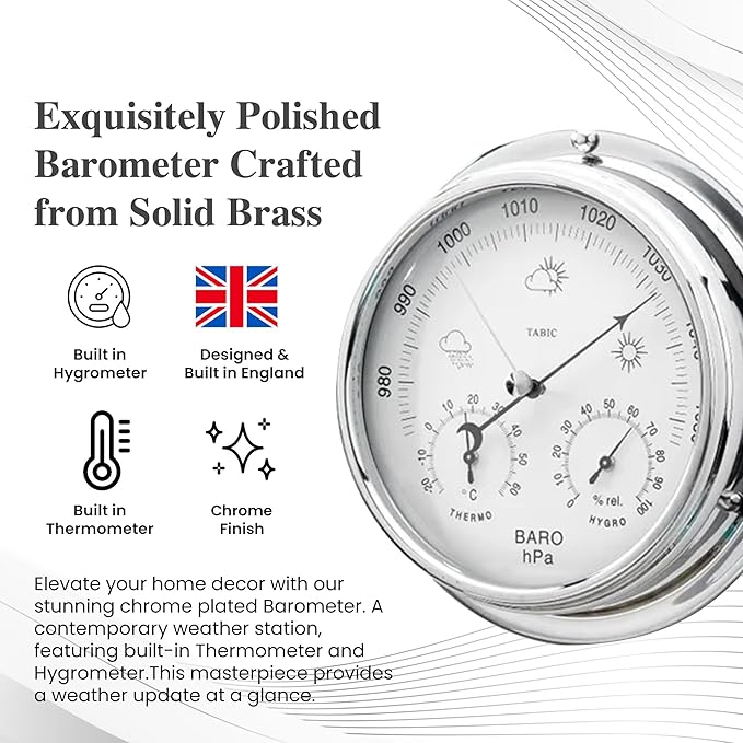 Chrome Barometer with Built-in Hygrometer &Thermometer - Analog Weather Station for Home & Outdoor Use - Handmade in England - Heavy Chrome Plated Brass Case (1/2kg), 6in x 2in - Image 2