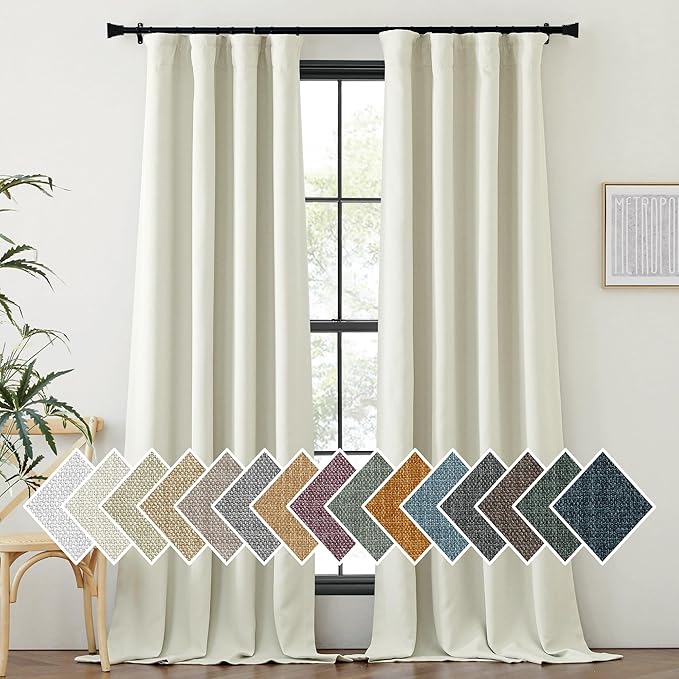 NICETOWN Thick Faux Linen Bedroom Curtains 108 inches Long, Room Darkening Dual Rod Pockets & Hook Belt Thermal Curtains Noise Dampening Drapes for Living Room, Natural, W52 x L108, 2 Panels by NICETOWN