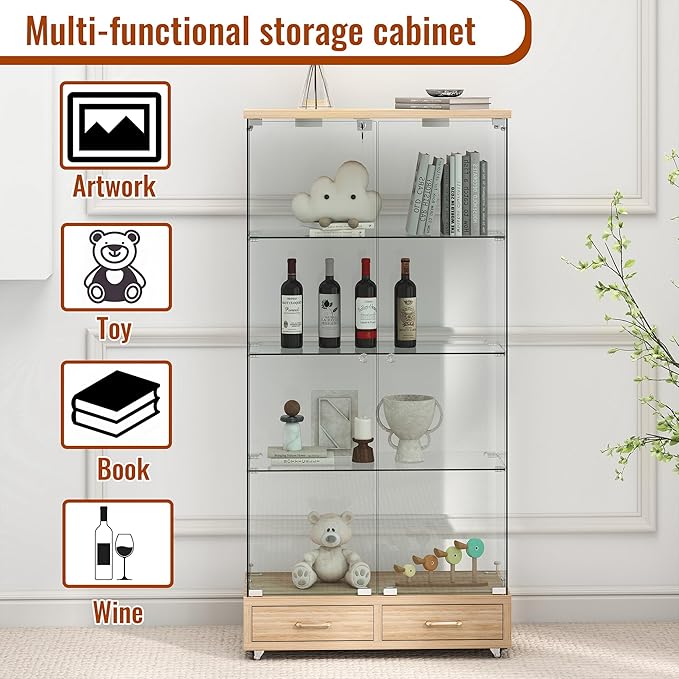 Yoluckea 4 Tier Glass Display Cabinet with LED Lighting and 2 Drawers, 2 Doors Floor Standing Curio Cabinet with Wheel for Home, Office,Corner Display,Natural Glass Bookshelf for Collections and Decor - Image 4