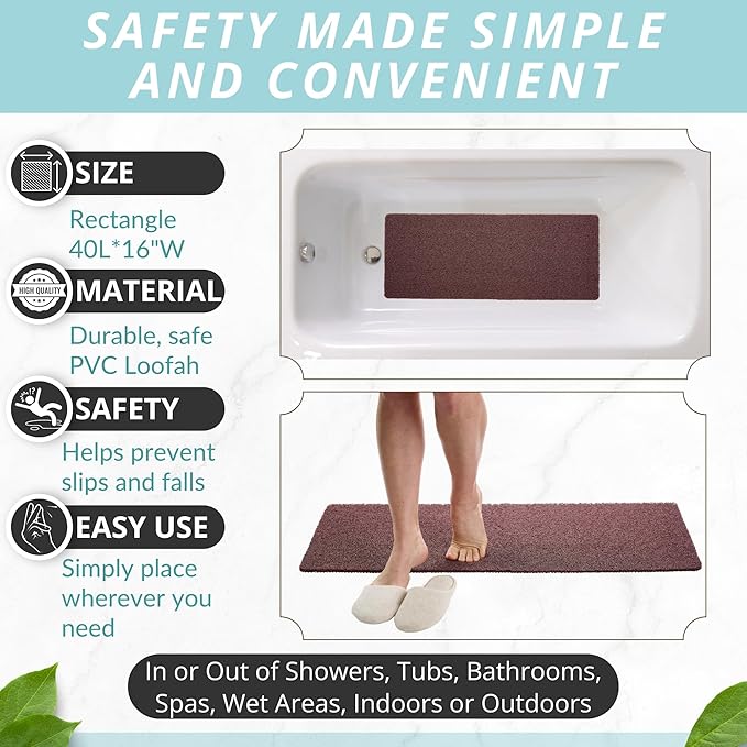 Non Slip Bathtub Mat Shower Mat for Tub - Loofah Bath Mats for Bathroom - 40x16 Bathtub Floor Mat - Textured Anti Slip Bath Mat Without Suction Cups - Secure Mat for Wet Areas (40x16 Brown) - Image 3