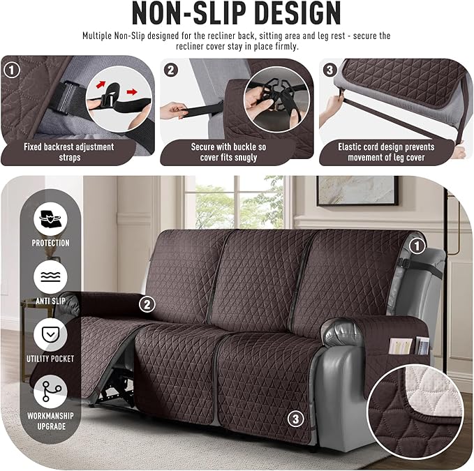 TAOCOCO 100% Waterproof Recliner Cover, Non-Slip Washable Reclining Couch Cover with Elastic Leg Straps, Furniture Protector for Dogs (Chocolate, 3 Seater) - Image 5