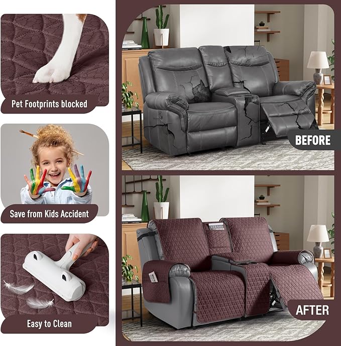 TAOCOCO 100% Waterproof Loveseat Recliner Couch Sofa Covers with Console,Double Reclining Couch Cover Non-Slip Sofa Slipcovers Washable,Furniture Protector Covers for Kids,Pets(2 Seater,Coffee) - Image 2